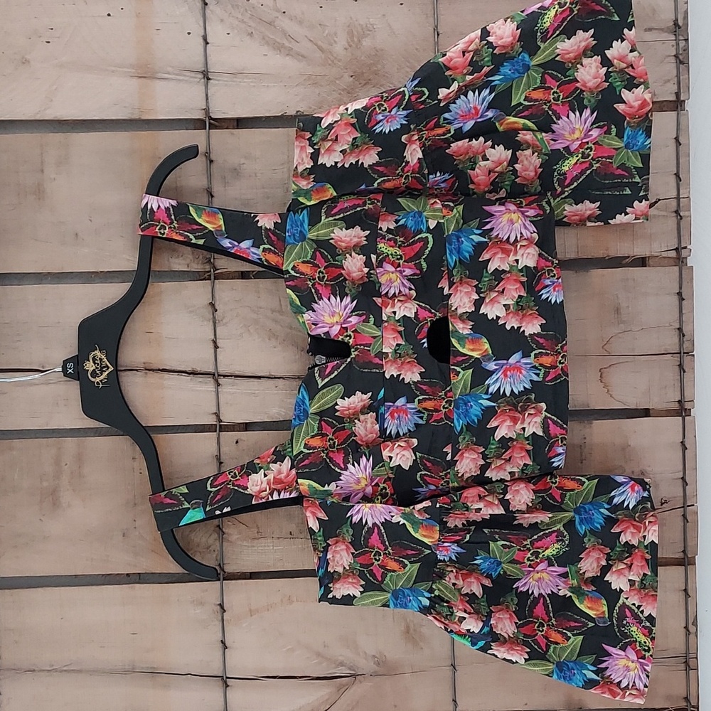 Tropical Print Cropped Top with Bell Sleeves